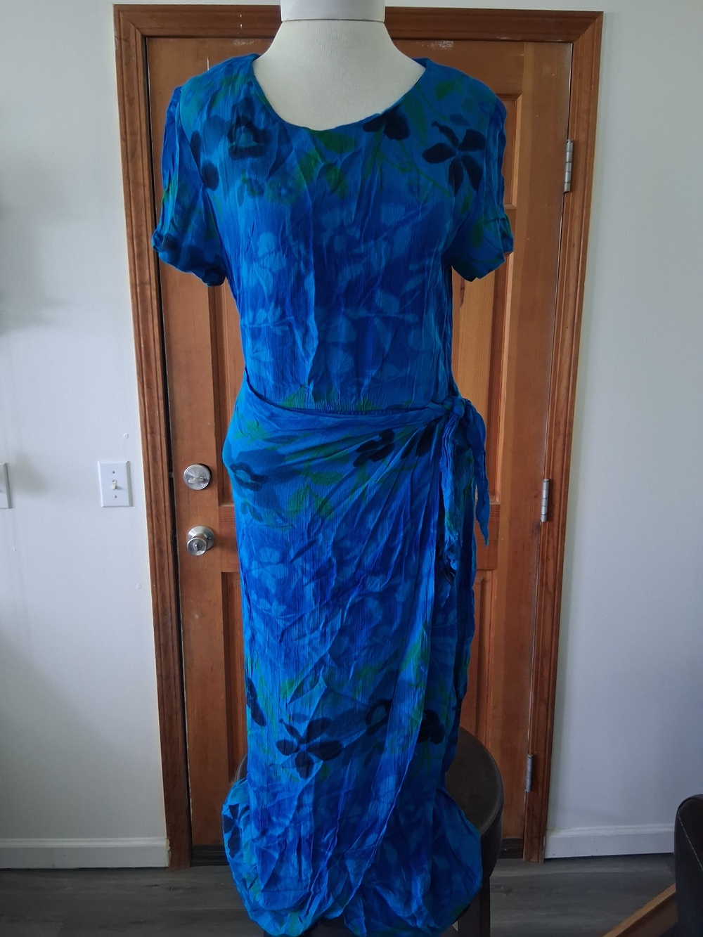 Blue Floral Midi Wrap Dress with Tie Waist